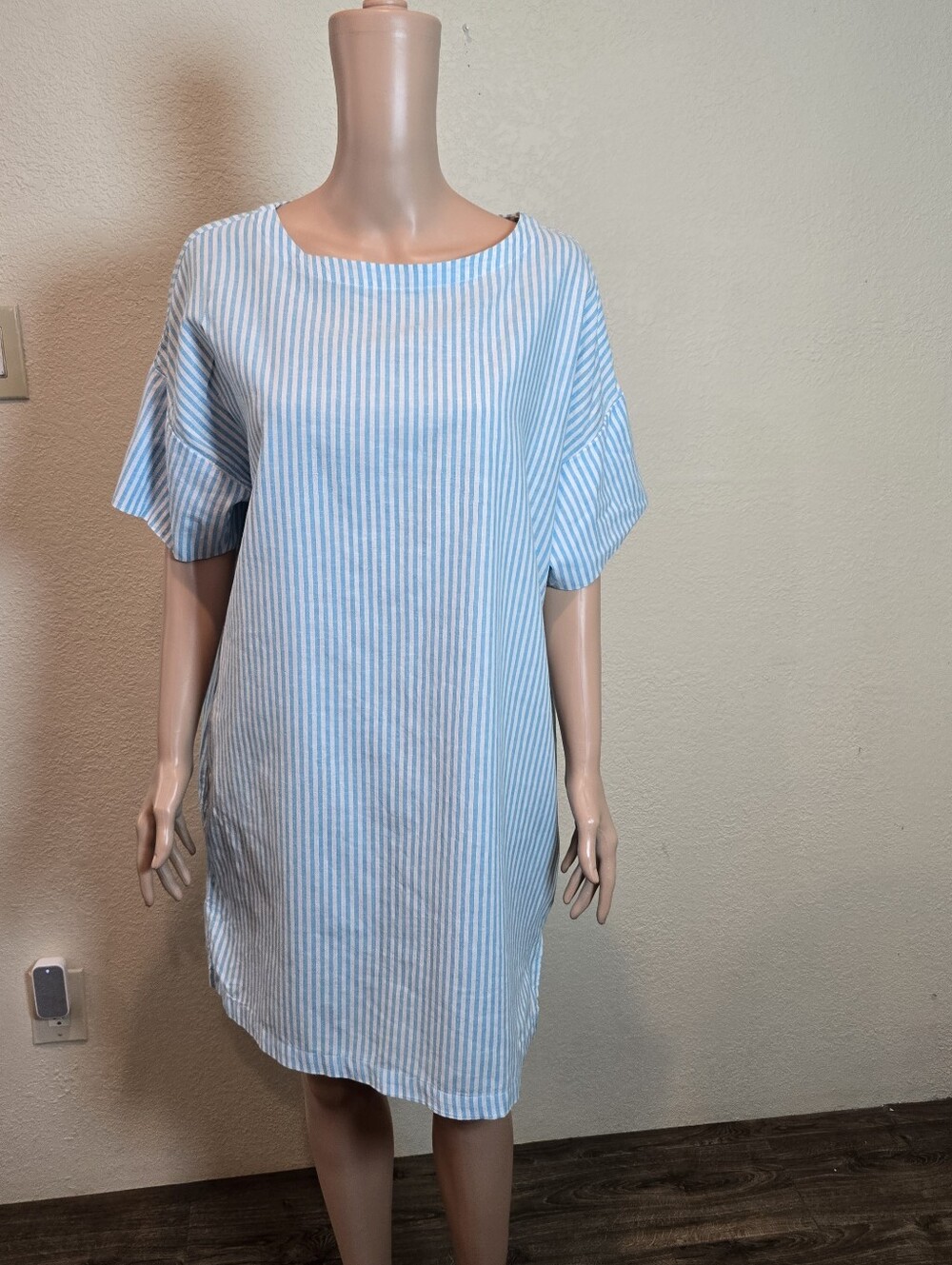 La Relaxed Cotton And Linen Dress Striped Blue/white Size Large - Picture 2 of 11